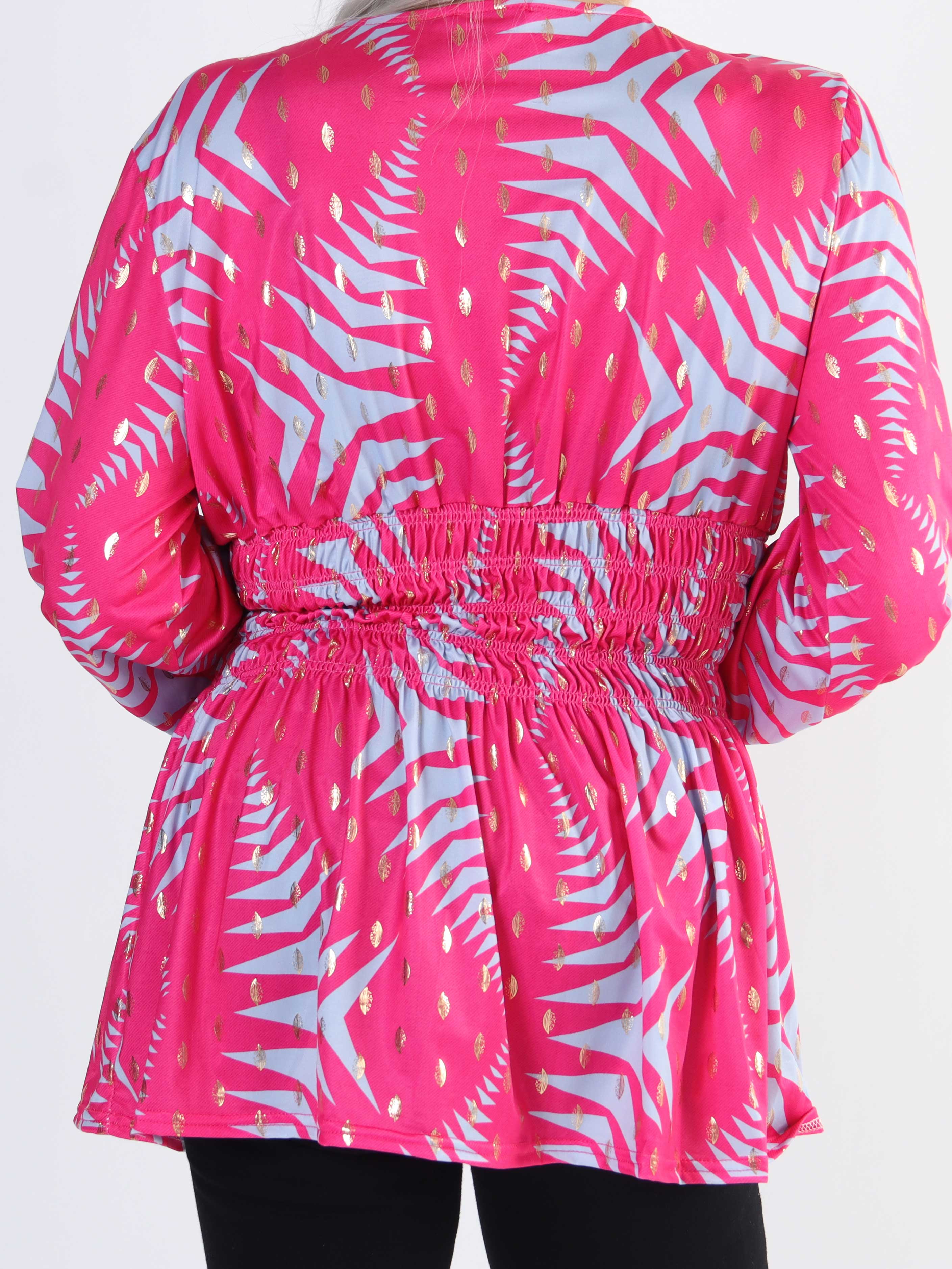 Pams Pattern Shirt L/S - Elastisk plus size blus i skrynkelfritt tyg